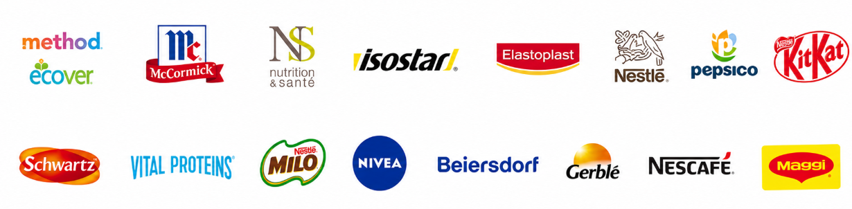 Nestlé, PepsiCo, Beiersdorf, McCormick, KitKat, Nivea, Elastoplast, Vital Proteins, Milo, Nescafé, Maggi, Schwartz, Gerblé, isostar, method, ecover, Nutrition & Santé logos